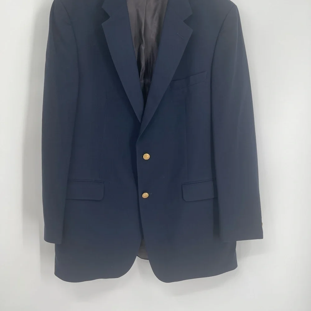 Brooks Brothers 346 Blazer Men Size 43L Navy Blue Worsted Wool Gold Buttons